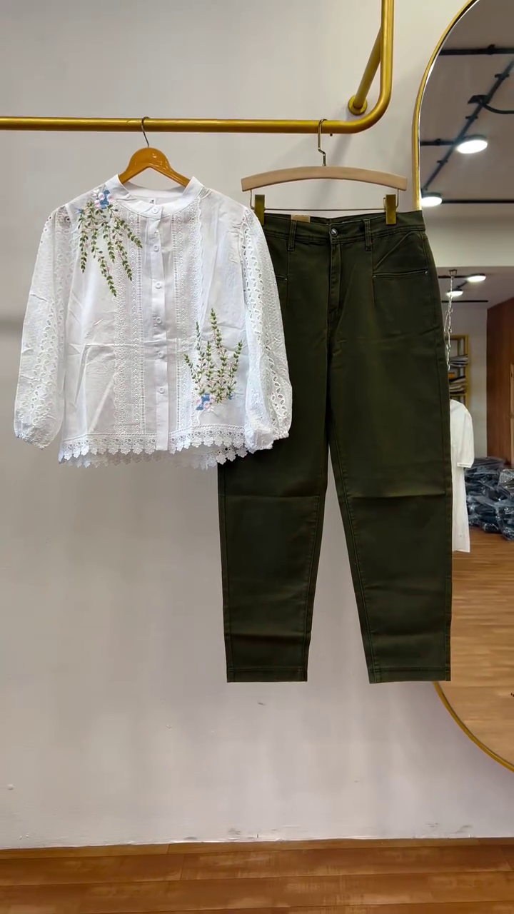 Timeless Elegance: White Embroidered Shirt with Olive Trousers