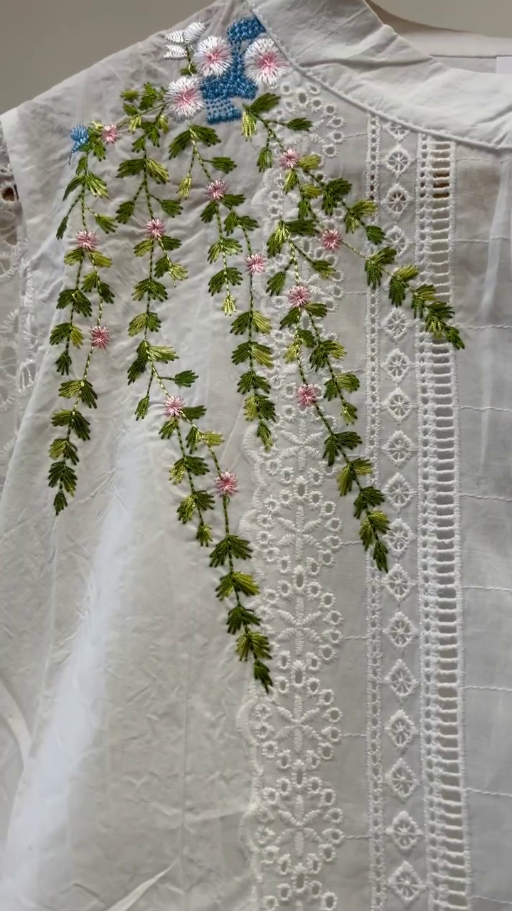 Timeless Elegance: White Embroidered Shirt with Olive Trousers