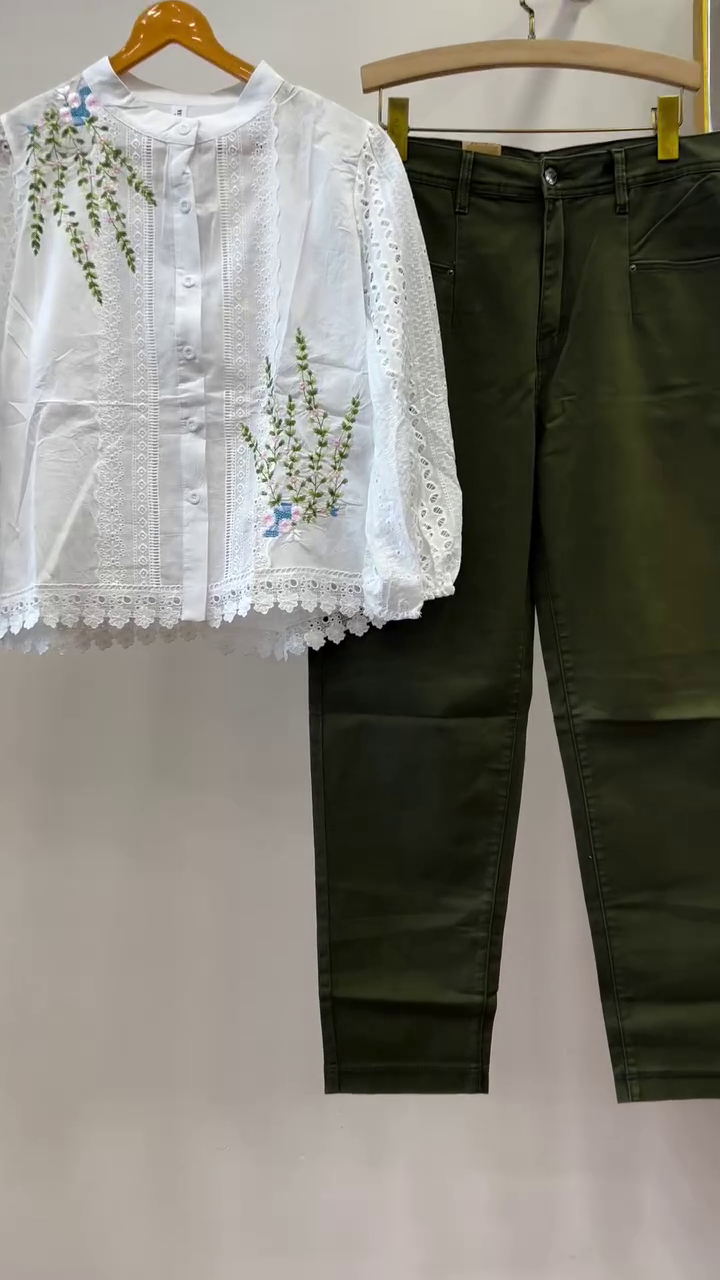 Timeless Elegance: White Embroidered Shirt with Olive Trousers