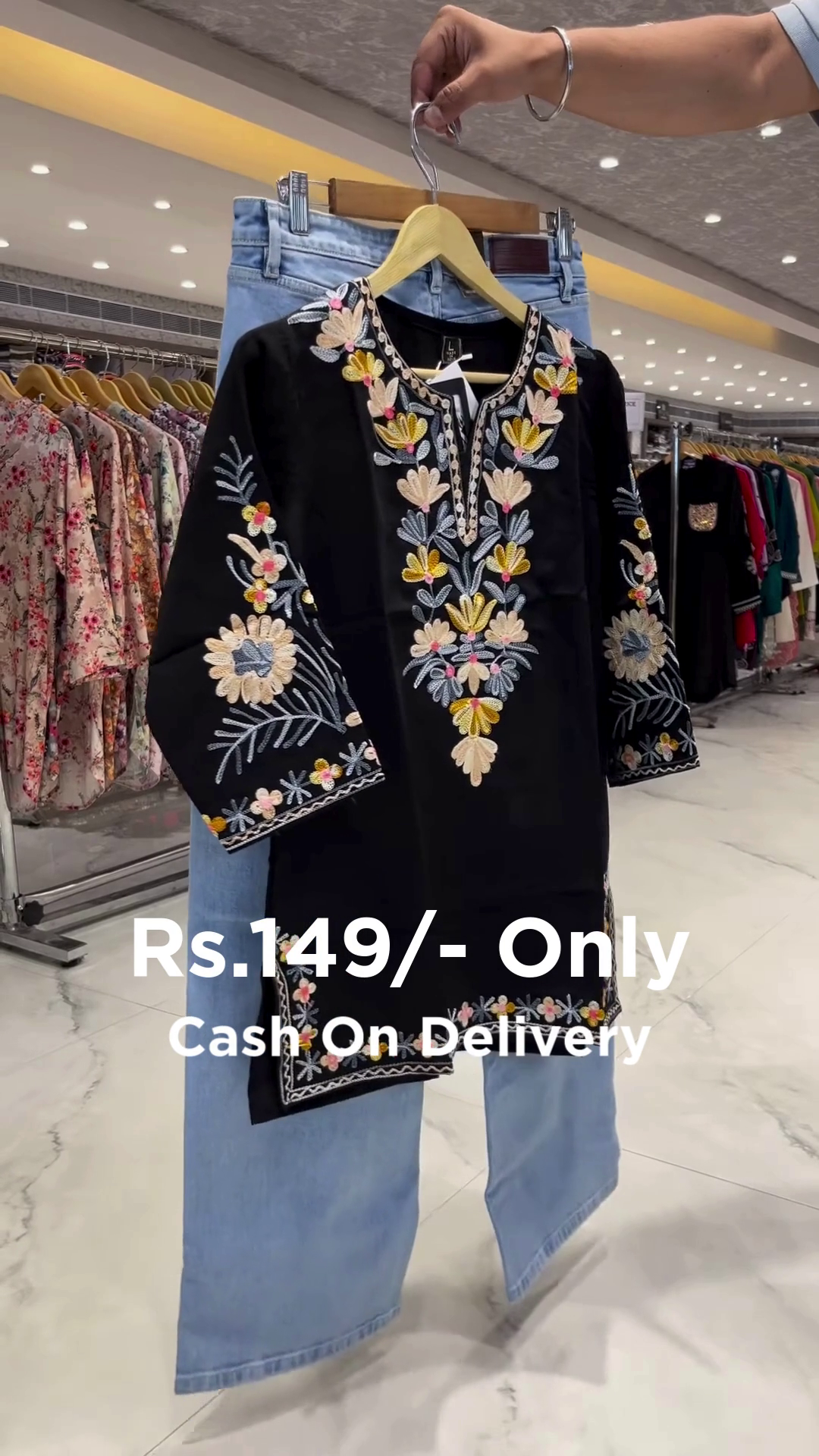 Elegant Black Embroidered Kurti with Denim – Stylish Combo