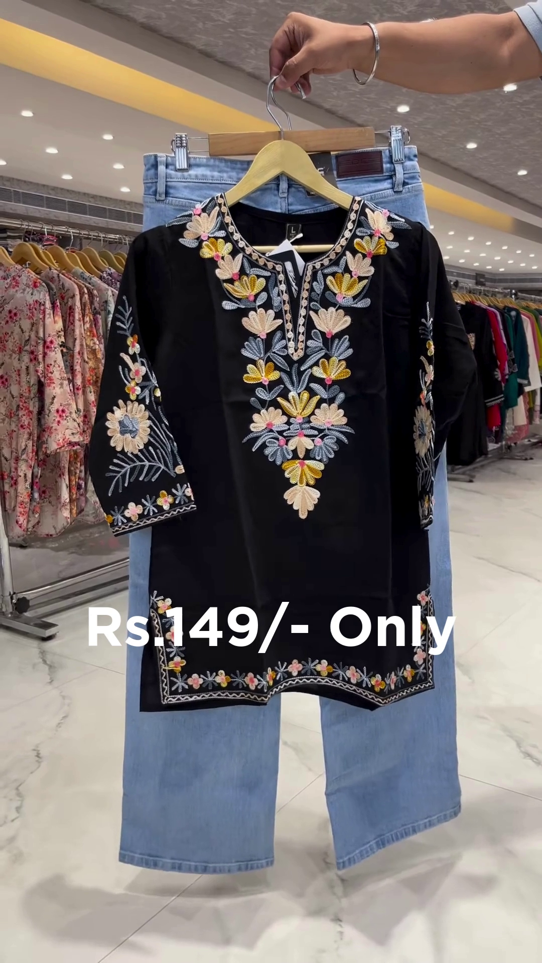Elegant Black Embroidered Kurti with Denim – Stylish Combo