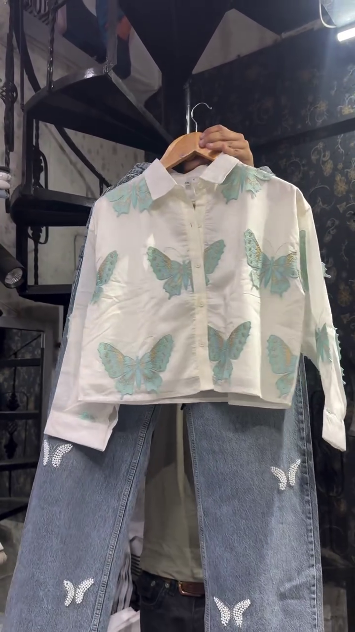 Dreamy Butterfly Shirt with Statement Denim – Soft & Stylish Combo