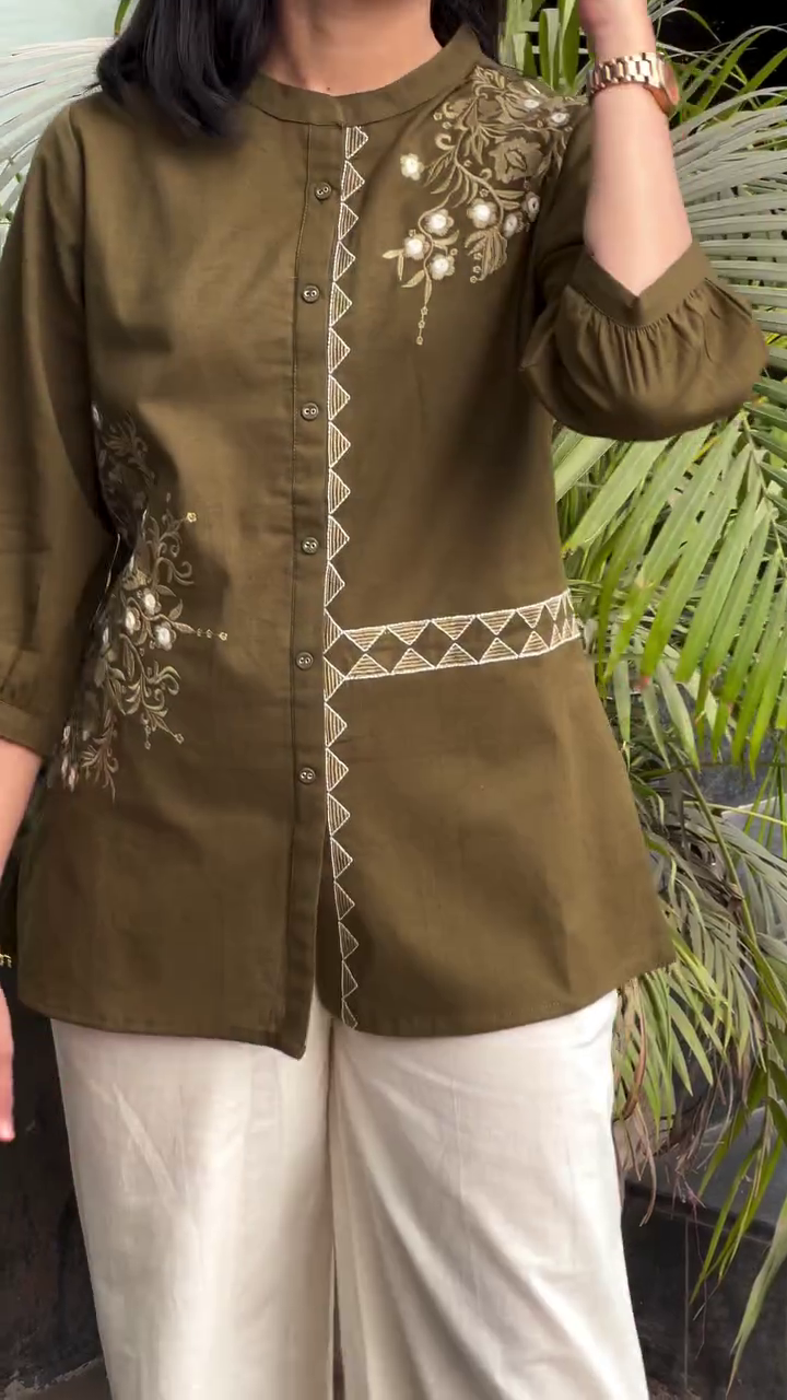 Chic Olive Embroidered Shirt – Minimal Elegance with Modern Flair