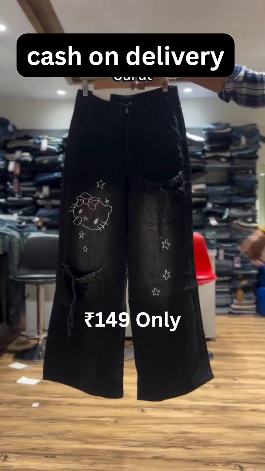 Trendy Black Wide-Leg Denim – Cute Cartoon Patch Street Style