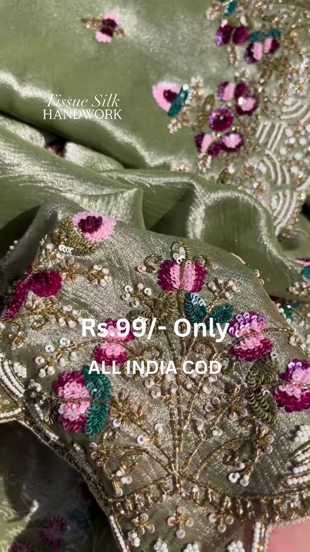 Elegant Tissue Silk Handwork Fabric – Premium Floral Embroidery