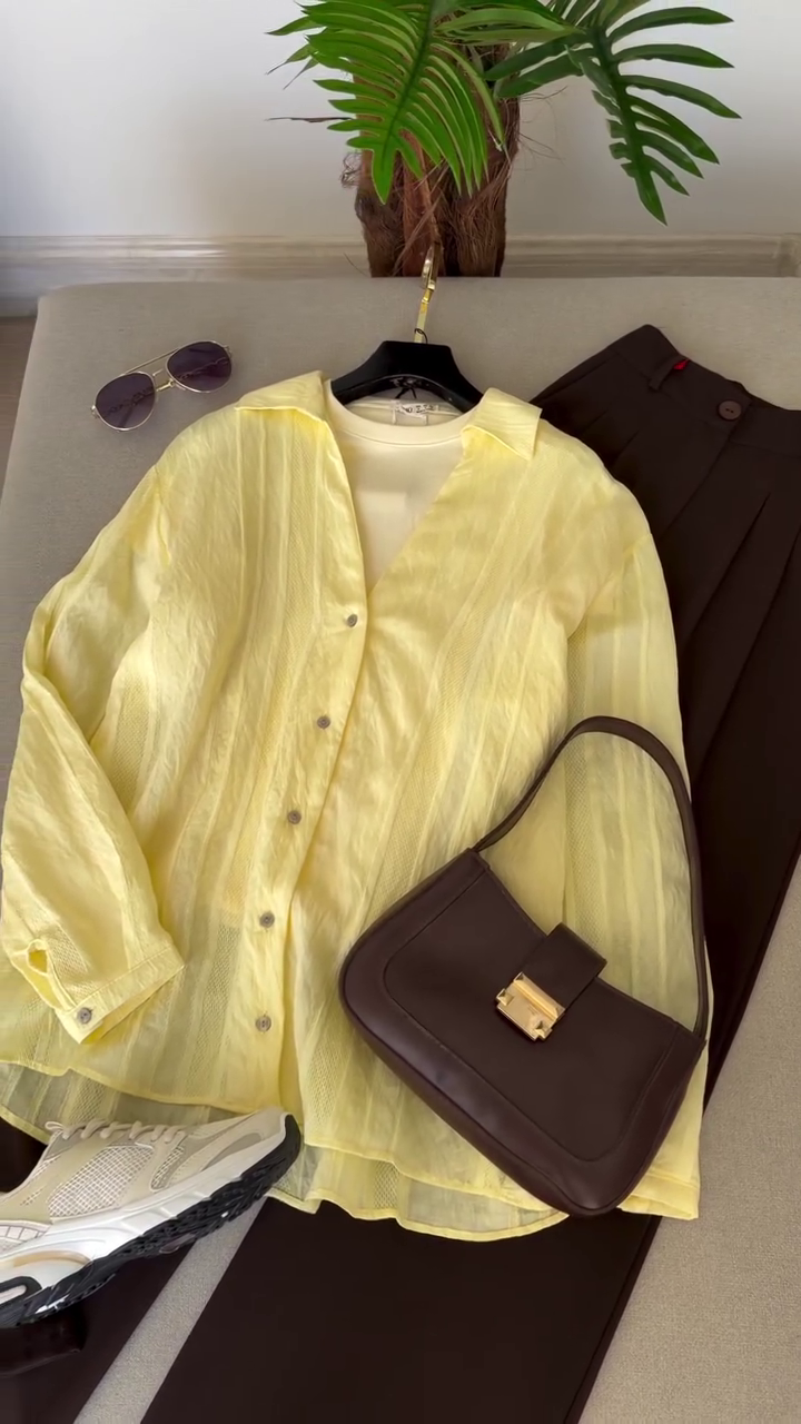 Chic Yellow Shirt and Brown Trouser Outfit Combo