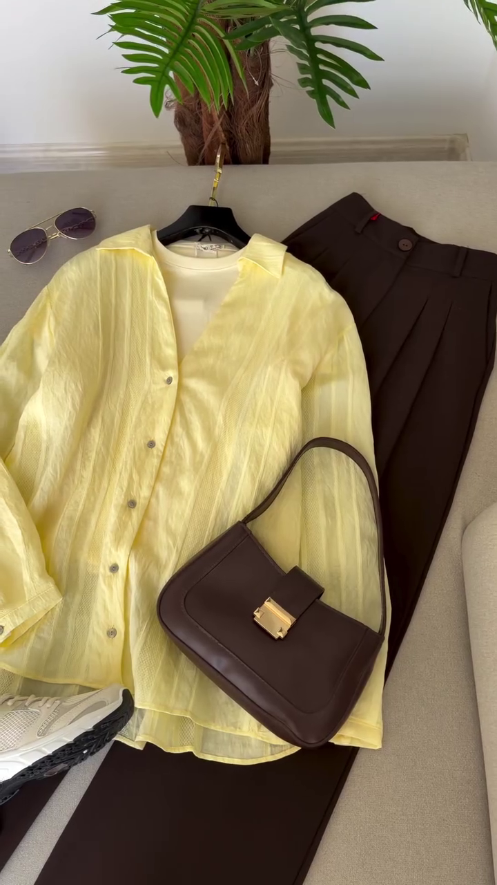 Chic Yellow Shirt and Brown Trouser Outfit Combo