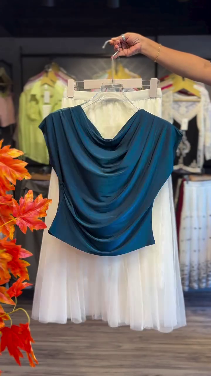 Elegant Draped Top with White Flowy Skirt Set