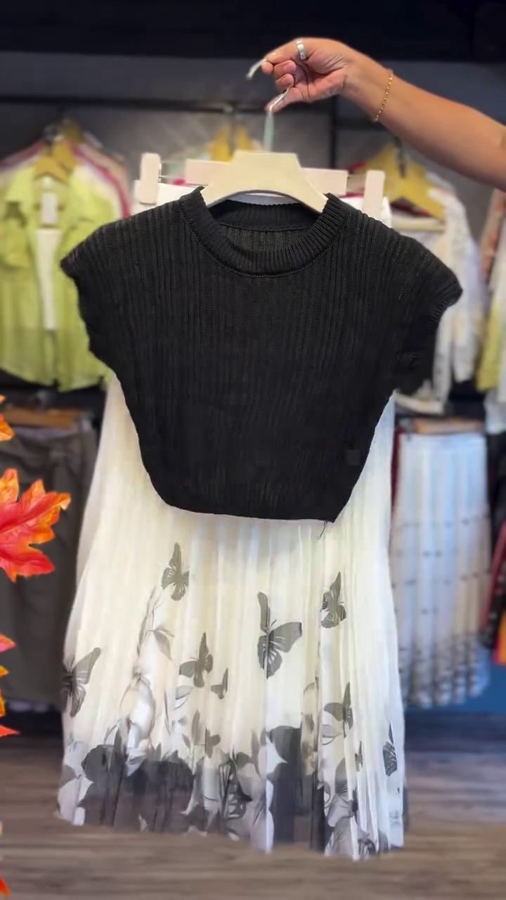 Black Knit Top with Butterfly Mesh Skirt
