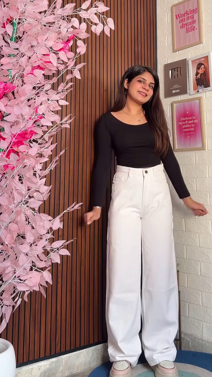 Minimal Black Top with White Wide-Leg Jeans