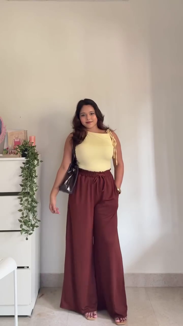 Casual Chic Beige Top with Brown Palazzo Pants
