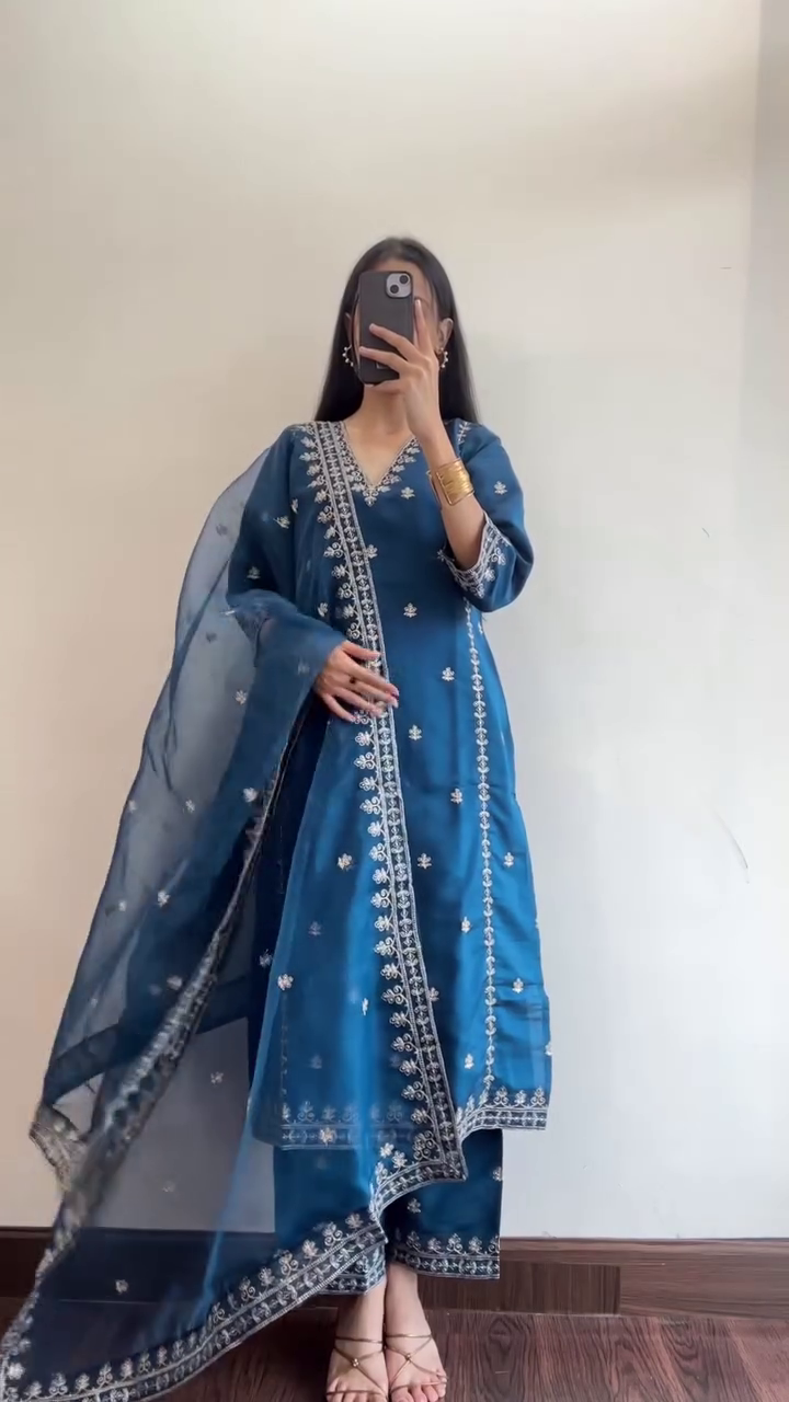 Elegant Blue Embroidered Suit Set