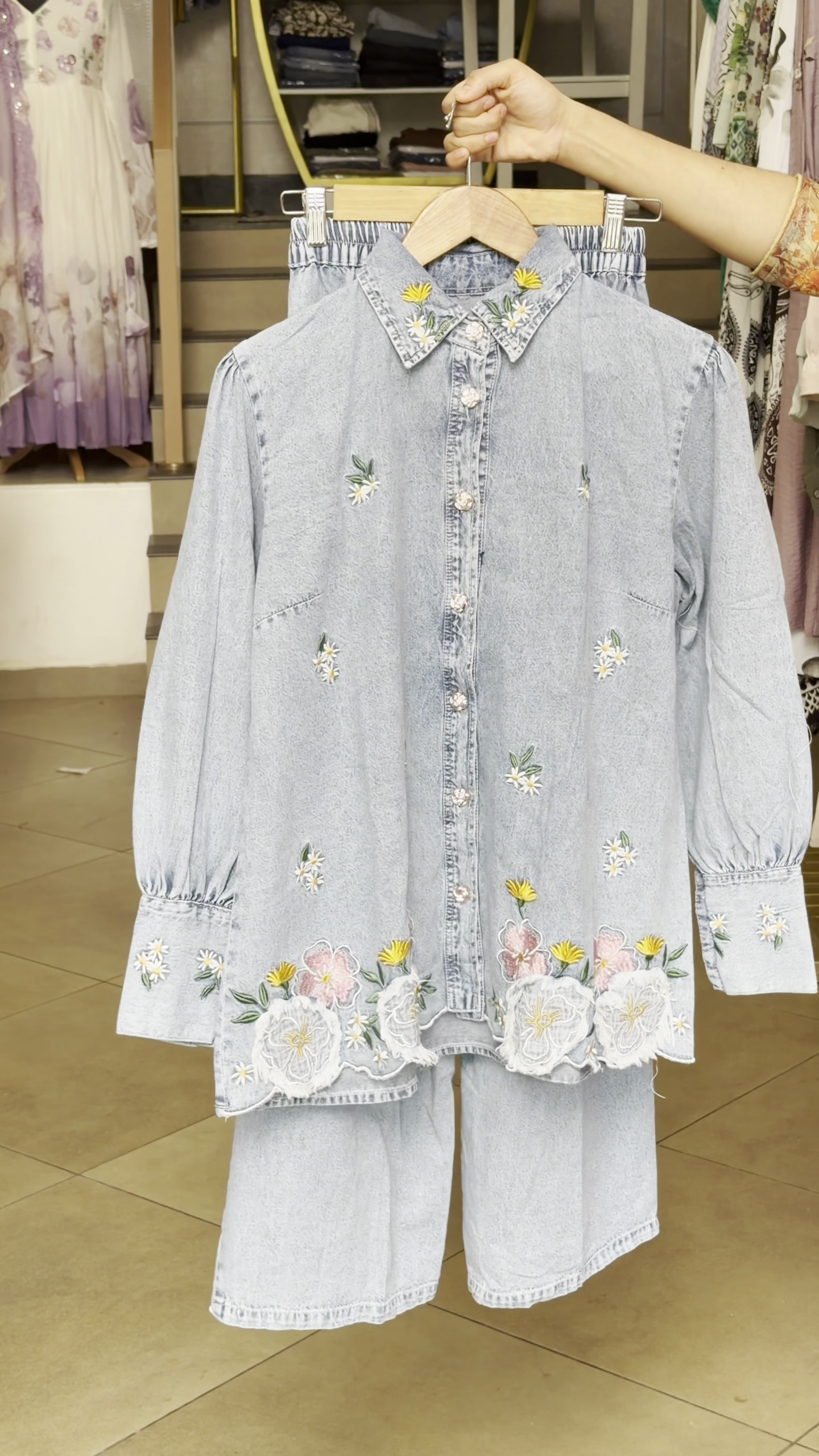 Elegant Embroidered Denim Co-ord Set