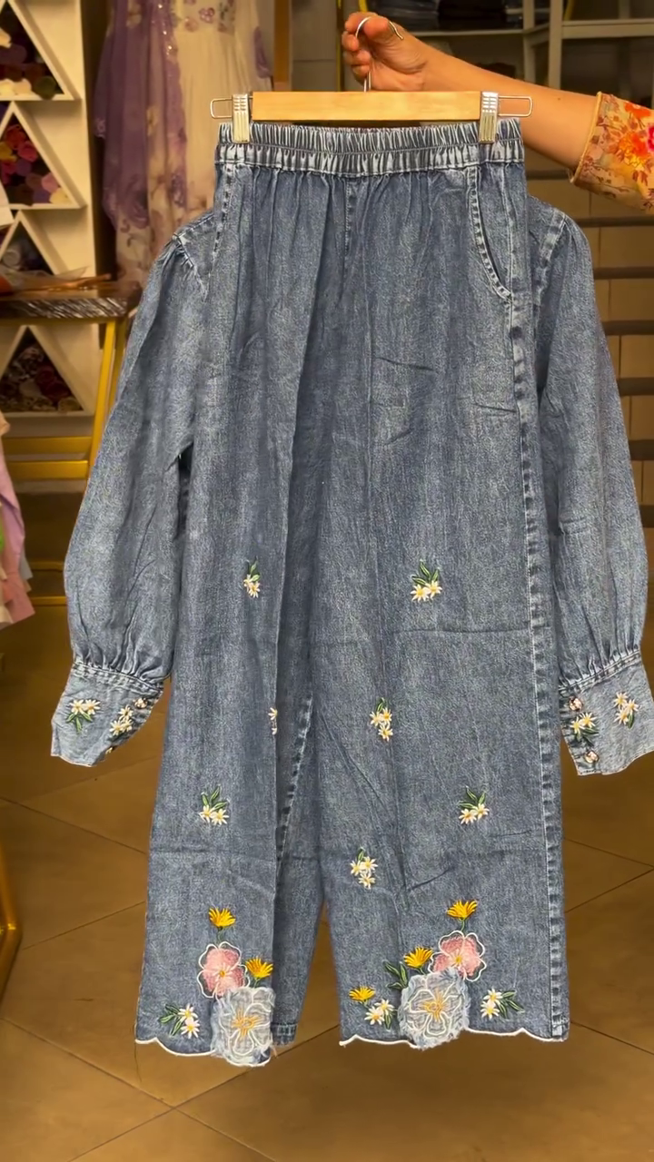 🌼 Bloom in Denim – Floral Embroidered Co-ord Set