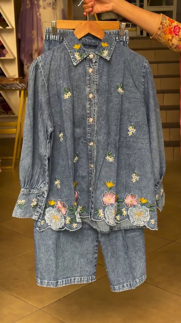 🌼 Bloom in Denim – Floral Embroidered Co-ord Set