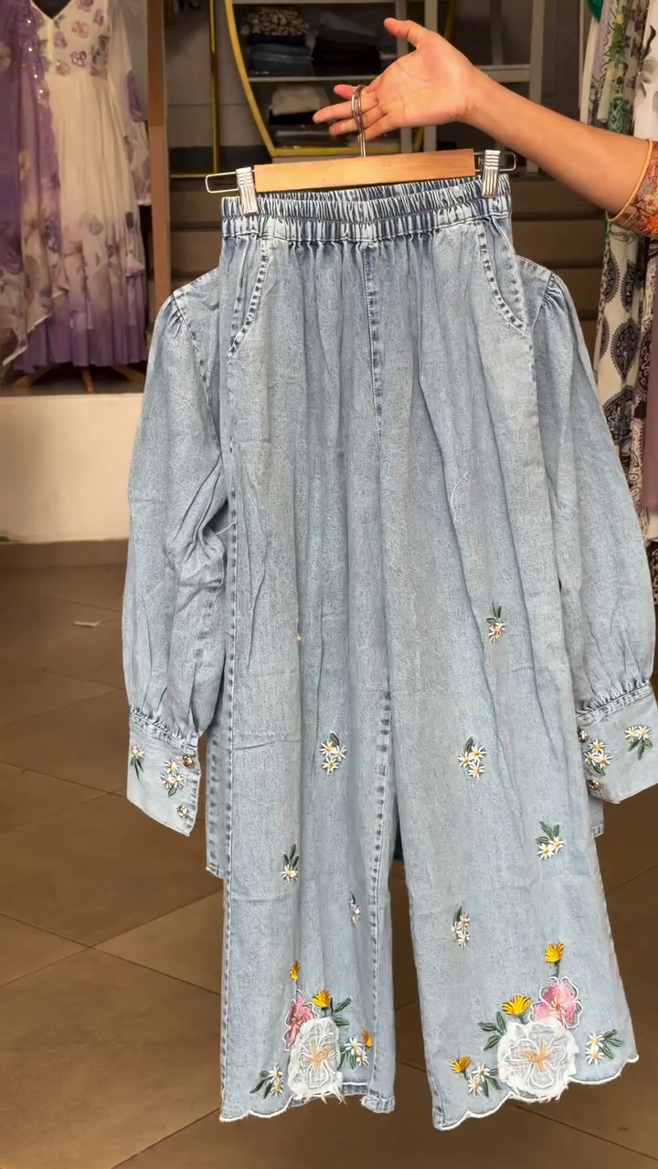🌼 Bloom in Denim – Floral Embroidered Co-ord Set