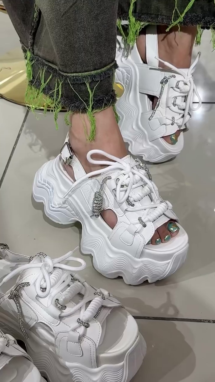 Elegant White Rhinestone Platform Sneakers with Glam Details