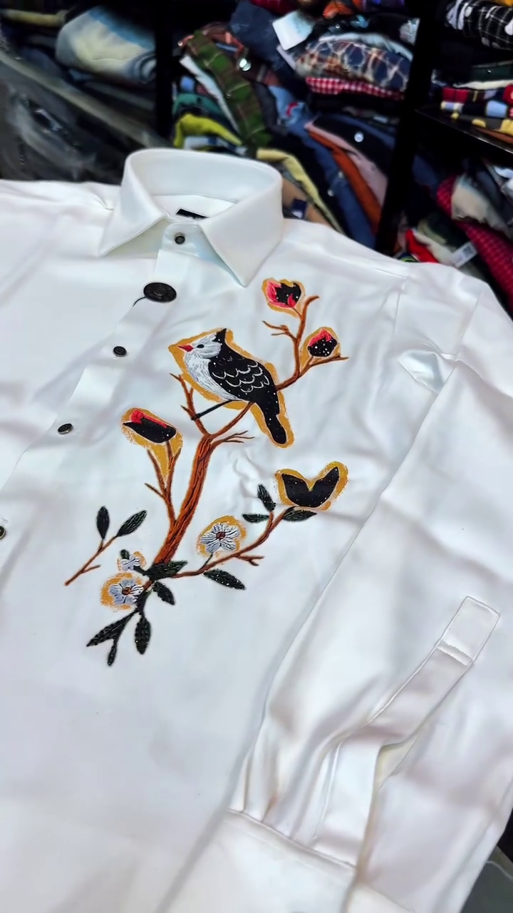 Artistic Bird Embroidered Shirt for a Standout Look