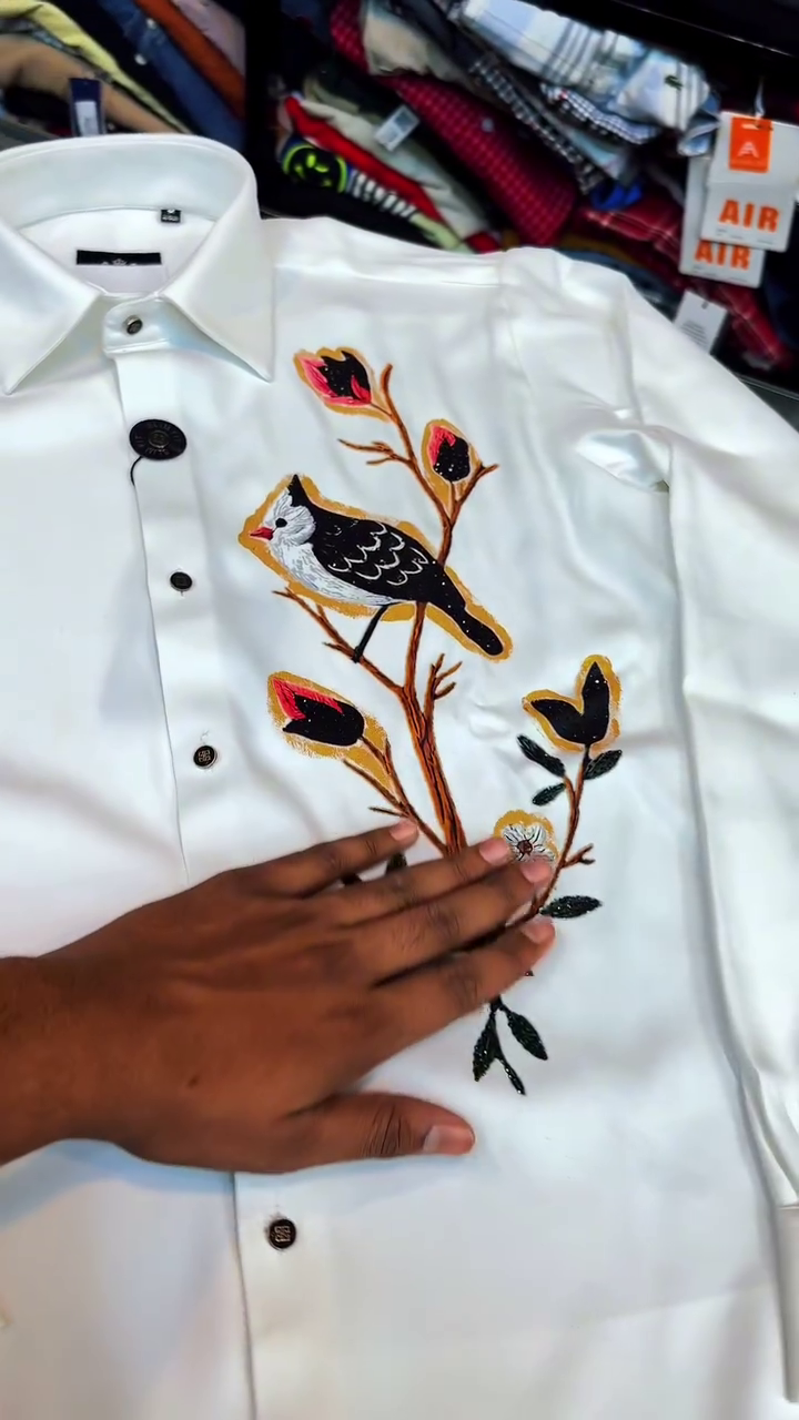 Artistic Bird Embroidered Shirt for a Standout Look