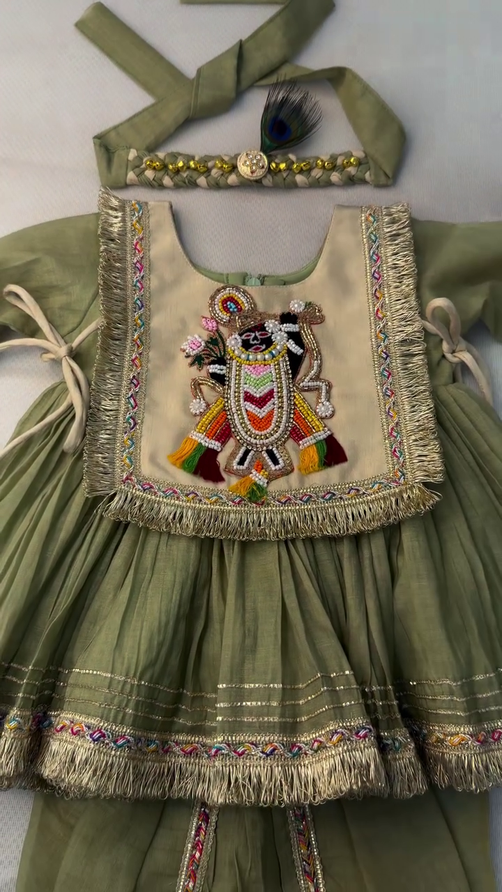 Beautiful Olive Green Embroidered Kids Ethnic Set