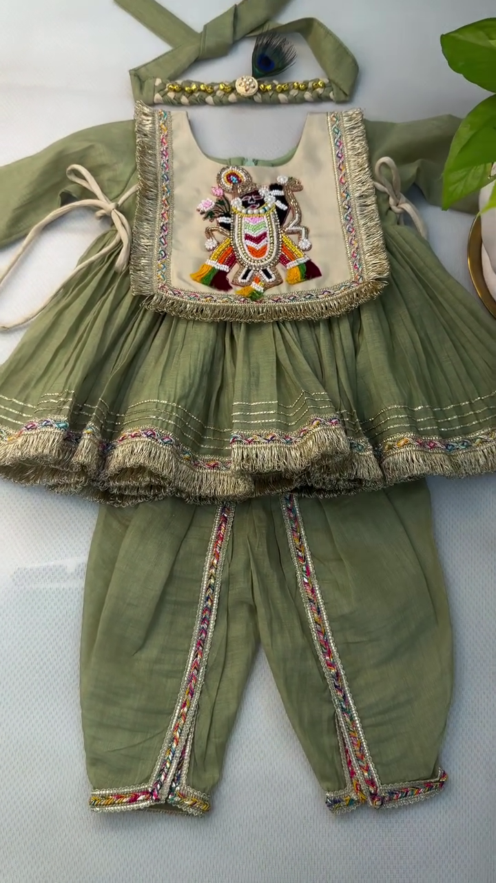 Beautiful Olive Green Embroidered Kids Ethnic Set
