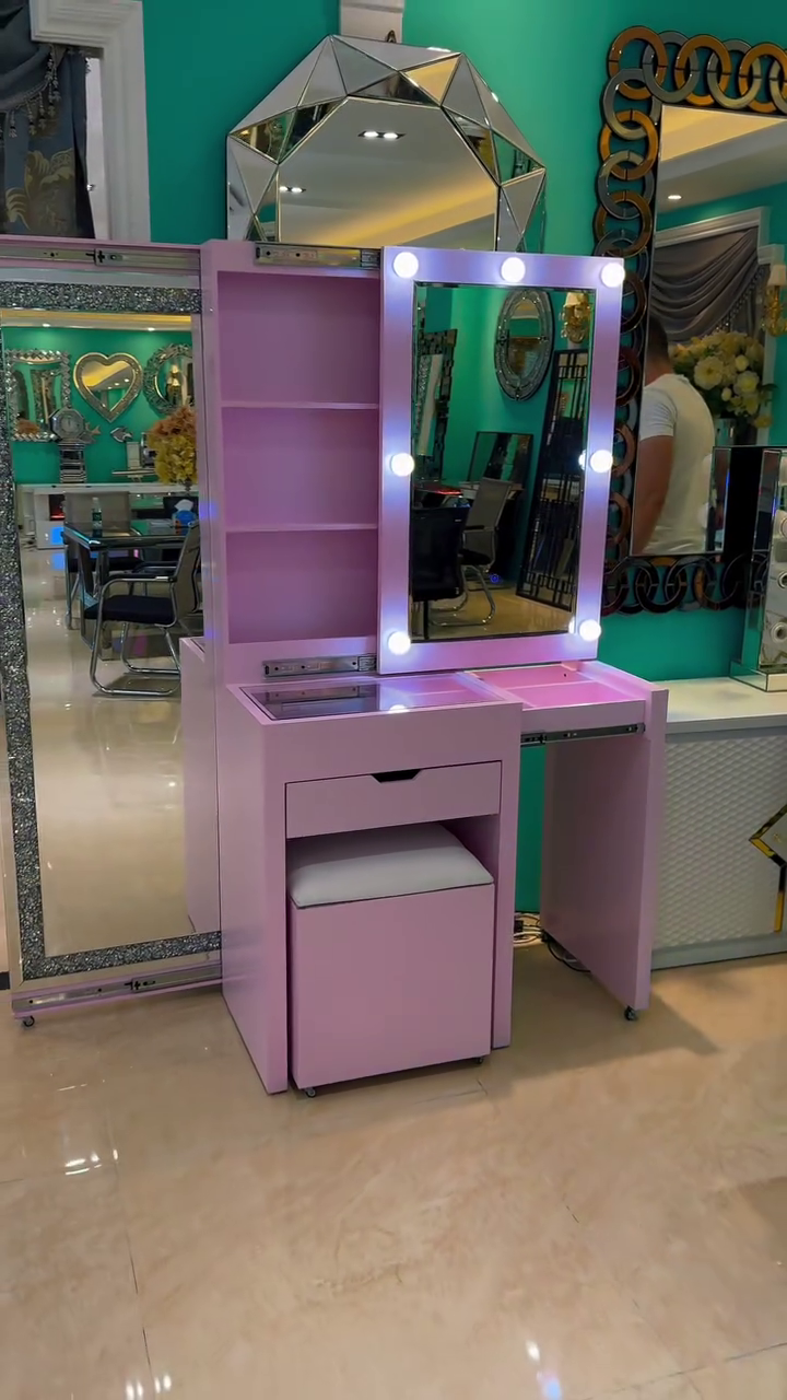 Elegant Pink LED Dressing Table with Mirror & Storage