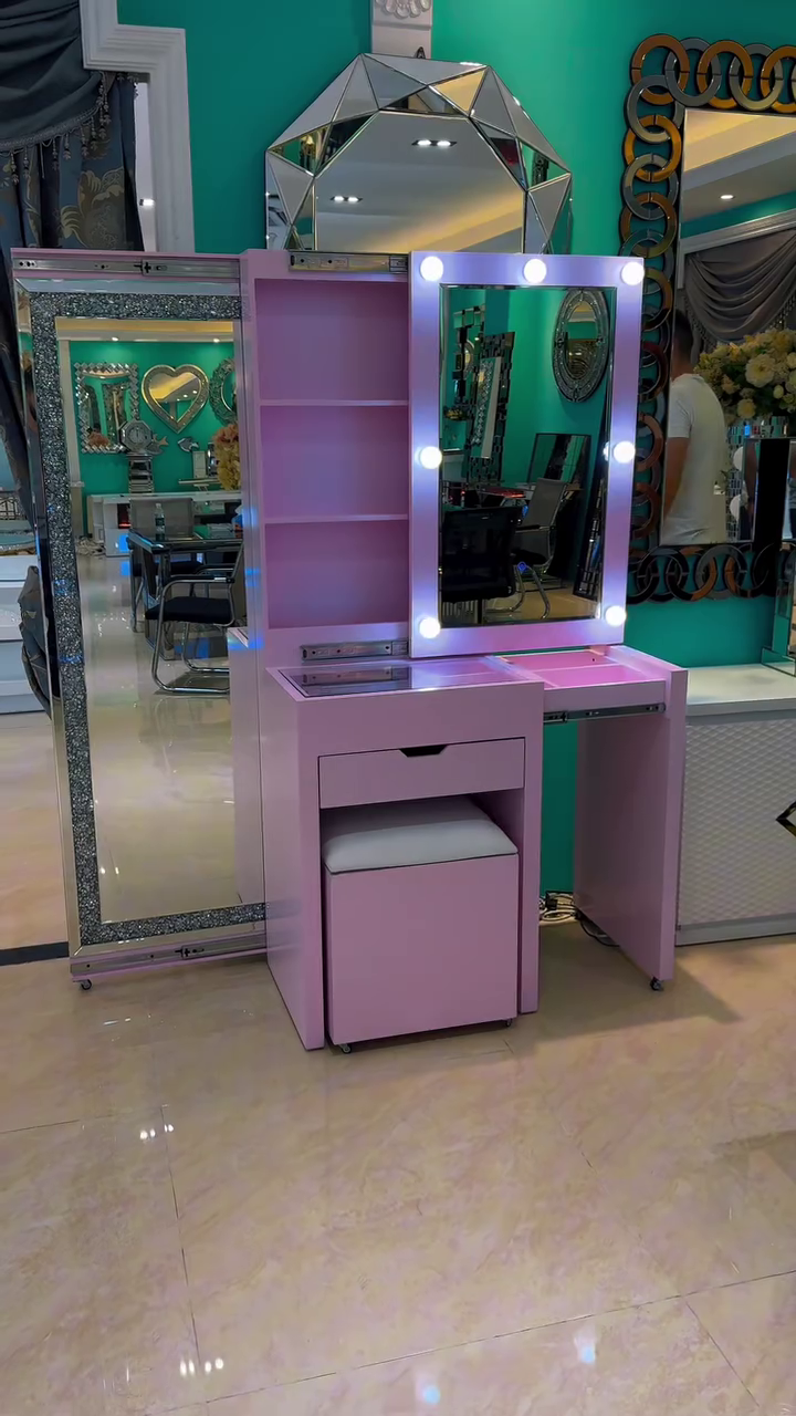 Elegant Pink LED Dressing Table with Mirror & Storage