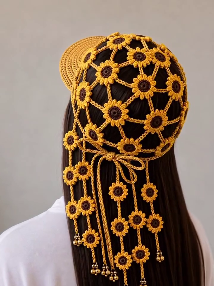 Handmade Sunflower Crochet Hair Cap – Unique Boho Hair Accessory