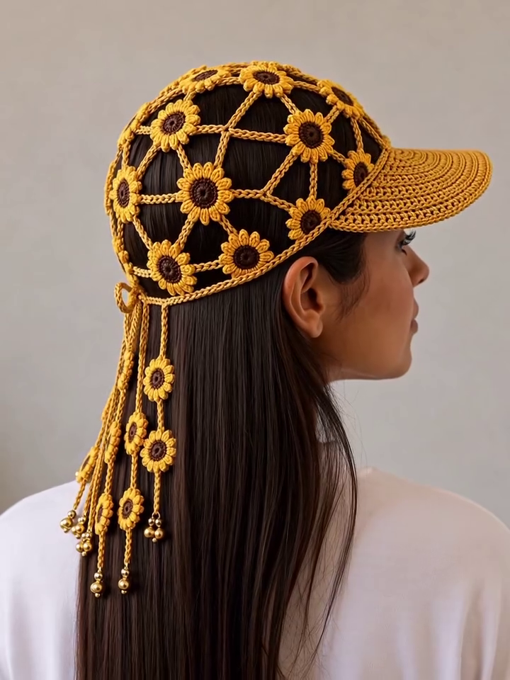 Handmade Sunflower Crochet Hair Cap – Unique Boho Hair Accessory