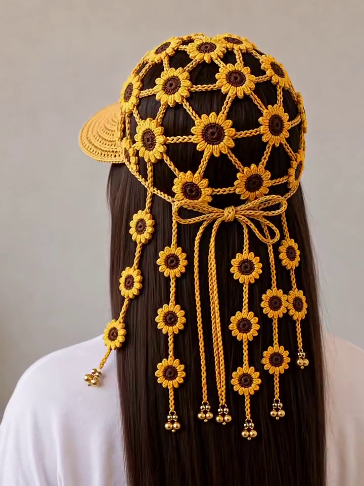 Handmade Sunflower Crochet Hair Cap – Unique Boho Hair Accessory